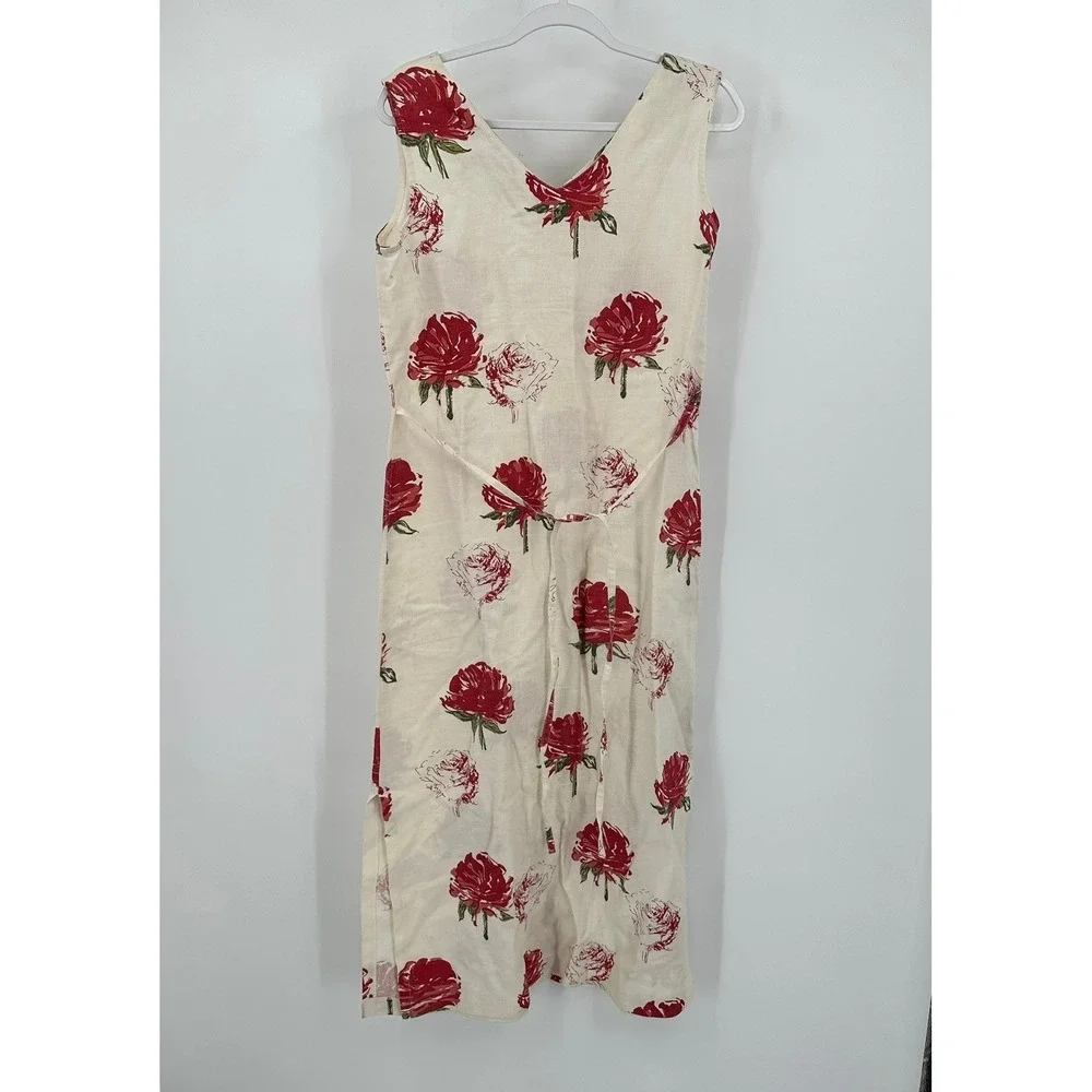 Robert Kitchen Womens Floral Linen Maxi Dress Sz M Garden Party Rose Shabby Chic